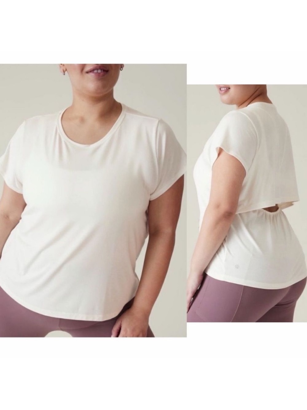 Athleta Air Out Cinch Short Sleeve Tee Size 1X Open Back Cutout Ivory Shirt Yoga